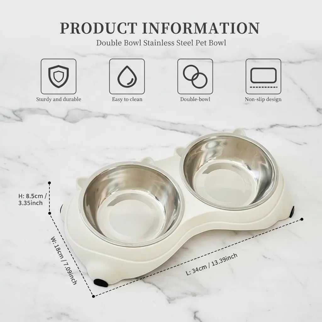 15° Tilted Stainless Steel Double Cat Bowl - Ergonomic Neck-Protecting Pet Feeder with Non-Slip Base and Easy-Clean Macaron Pastel Design for Cervical Relief (34x18x8.5 cm)