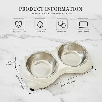 15° Tilted Stainless Steel Double Cat Bowl - Ergonomic Neck-Protecting Pet Feeder with Non-Slip Base and Easy-Clean Macaron Pastel Design for Cervical Relief (34x18x8.5 cm)