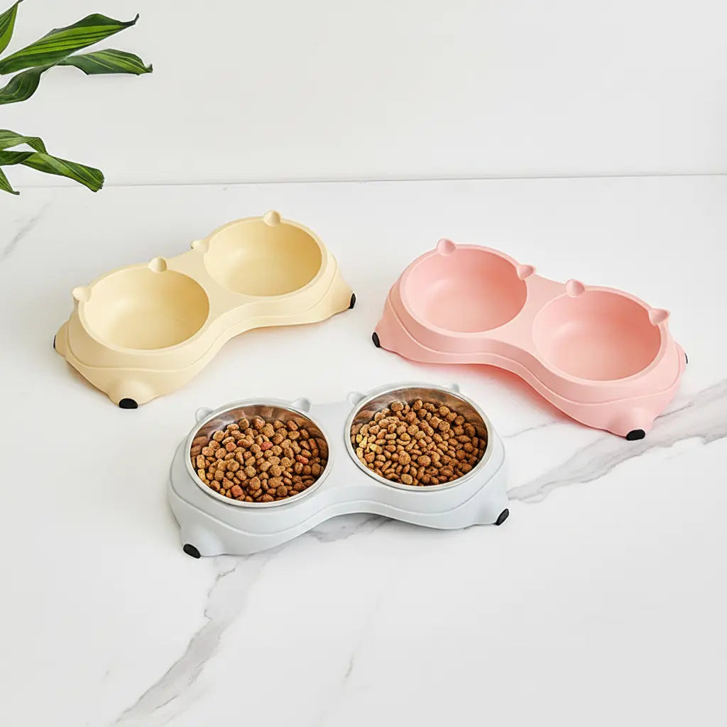 15° Tilted Stainless Steel Double Cat Bowl - Ergonomic Neck-Protecting Pet Feeder with Non-Slip Base and Easy-Clean Macaron Pastel Design for Cervical Relief (34x18x8.5 cm)