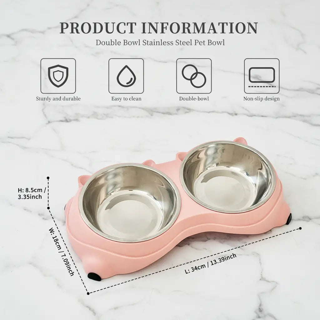 15° Tilted Stainless Steel Double Cat Bowl - Ergonomic Neck-Protecting Pet Feeder with Non-Slip Base and Easy-Clean Macaron Pastel Design for Cervical Relief (34x18x8.5 cm)