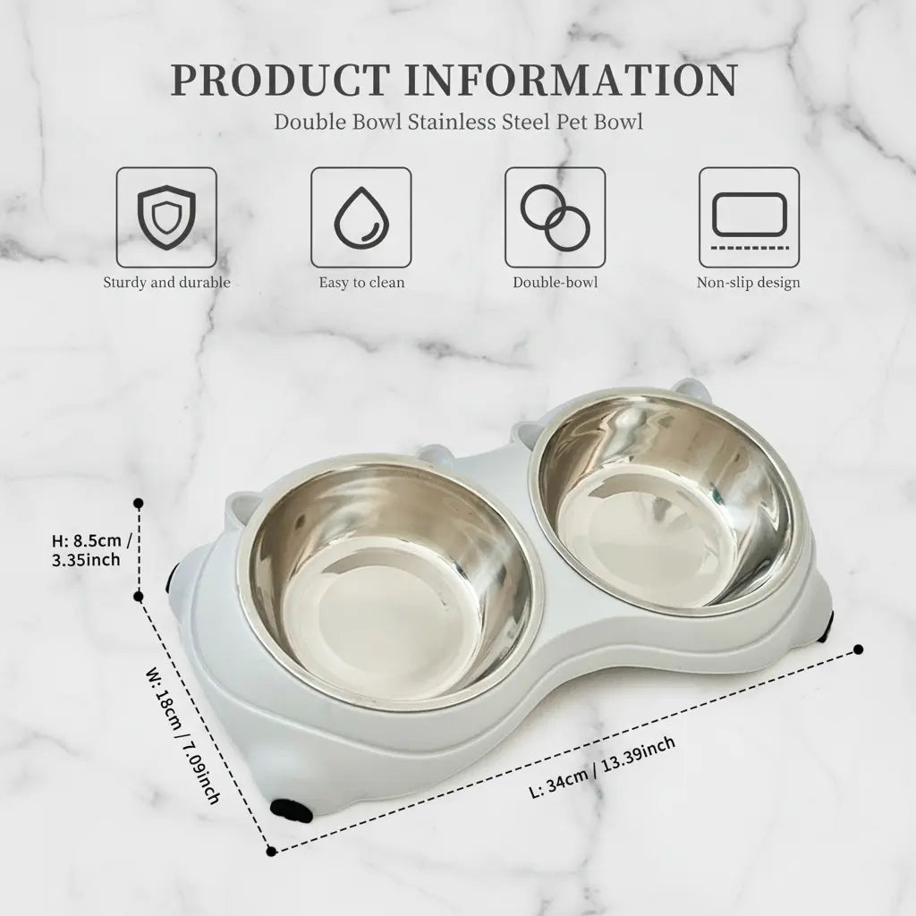 15° Tilted Stainless Steel Double Cat Bowl - Ergonomic Neck-Protecting Pet Feeder with Non-Slip Base and Easy-Clean Macaron Pastel Design for Cervical Relief (34x18x8.5 cm)