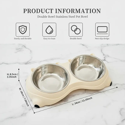 15° Tilted Stainless Steel Double Cat Bowl - Ergonomic Neck-Protecting Pet Feeder with Non-Slip Base and Easy-Clean Macaron Pastel Design for Cervical Relief (34x18x8.5 cm)