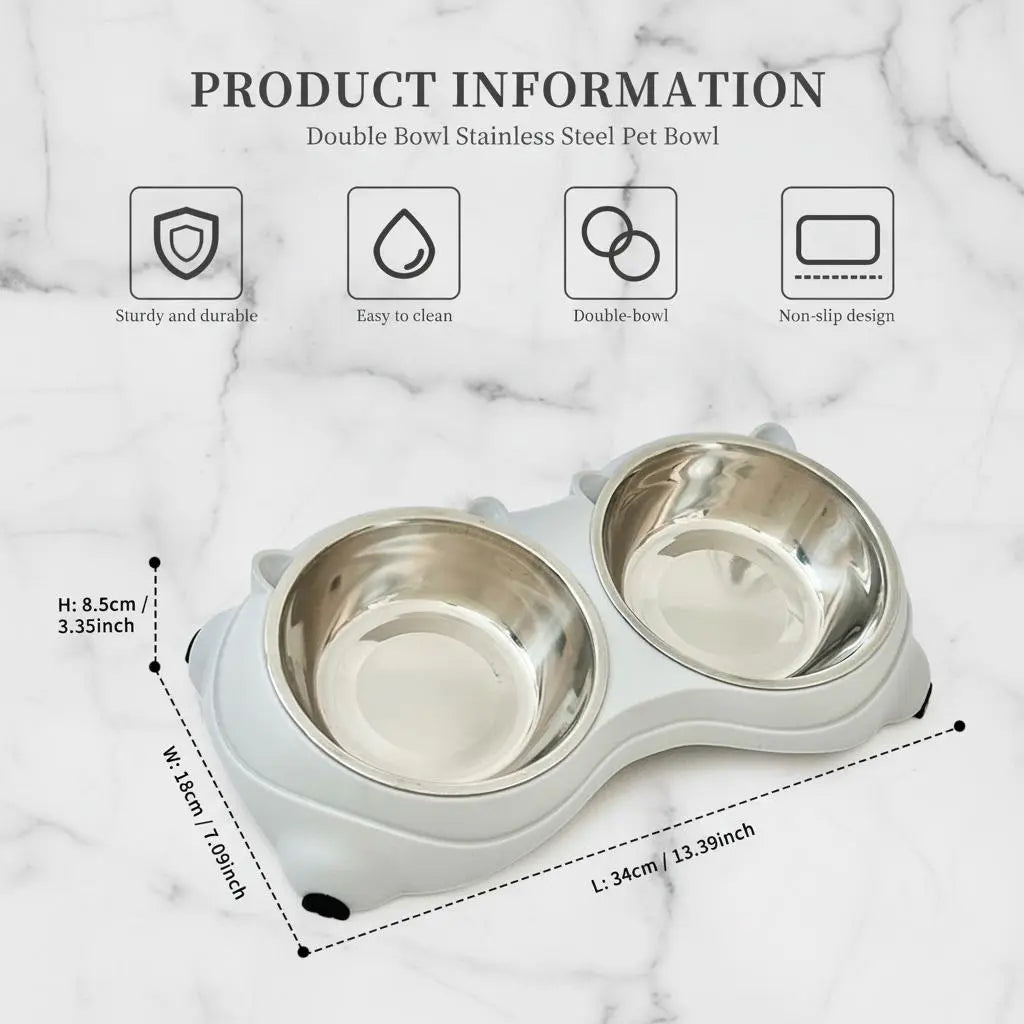 15° Tilted Stainless Steel Double Cat Bowl - Ergonomic Neck-Protecting Pet Feeder with Non-Slip Base and Easy-Clean Macaron Pastel Design for Cervical Relief (34x18x8.5 cm)