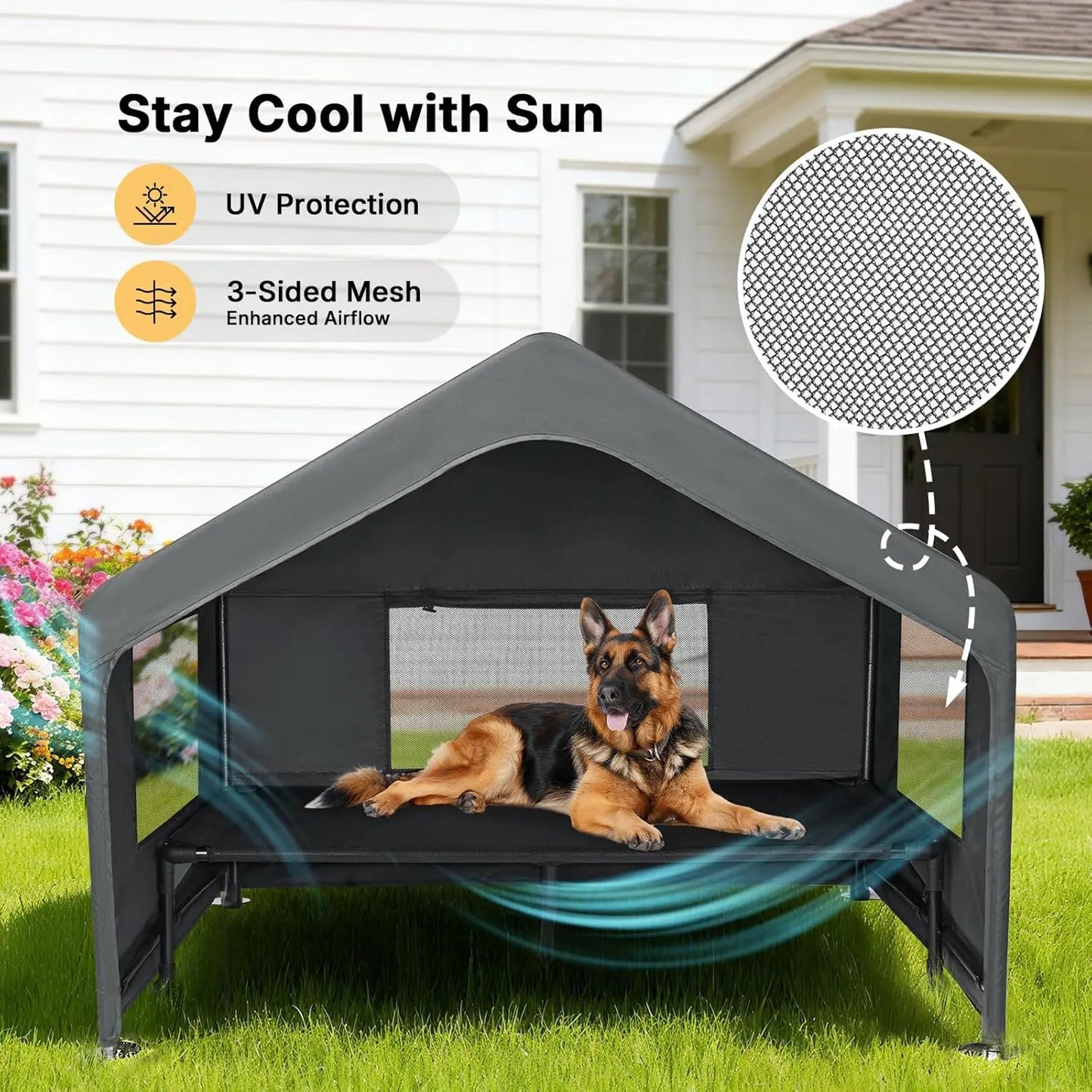 Veehoo Extra Large Dog House Outdoor with Elevated Bed 4.1' X 4.1' X 3.3' Weatherproof Shelter for Pets Grey All-Weather Comfort & Easy Assembly