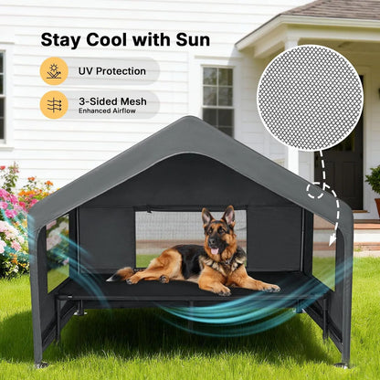 Veehoo Extra Large Dog House Outdoor with Elevated Bed 4.1' X 4.1' X 3.3' Weatherproof Shelter for Pets Grey All-Weather Comfort & Easy Assembly