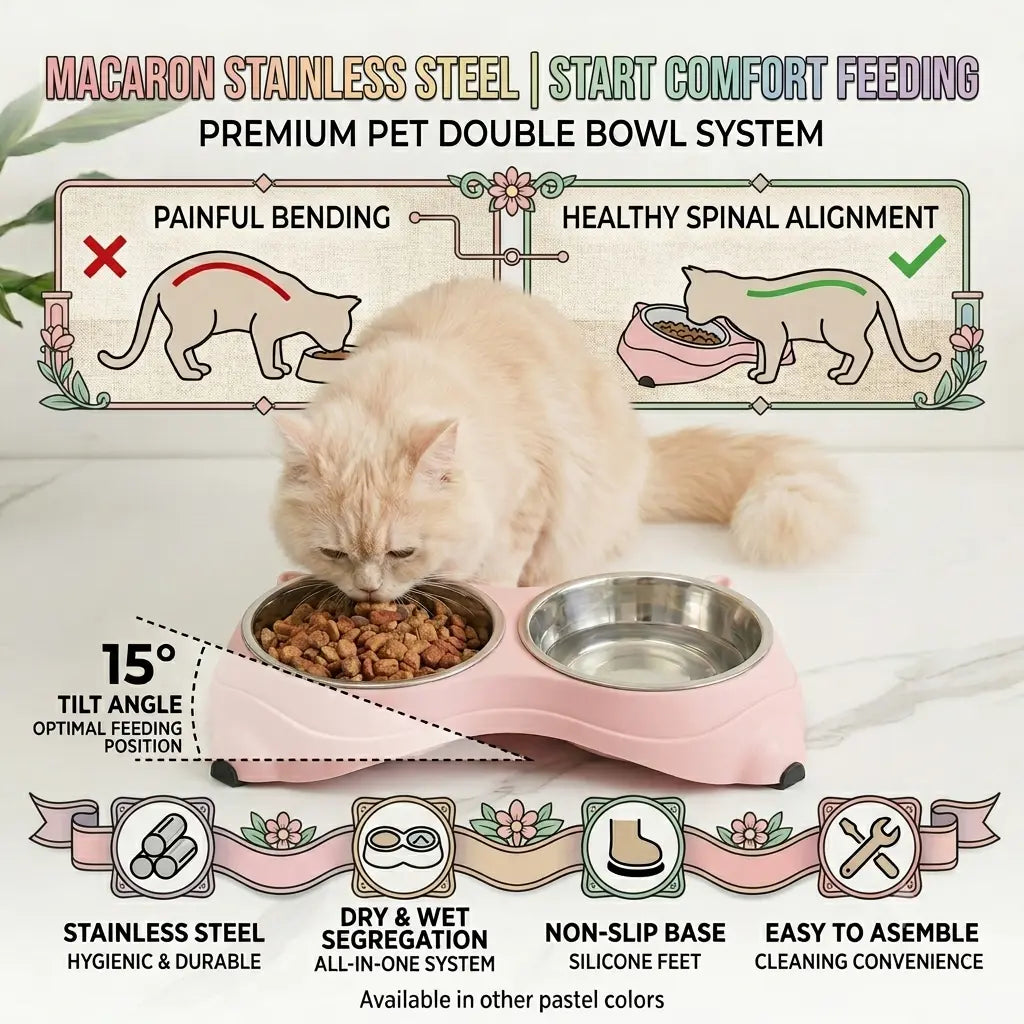15° Tilted Stainless Steel Double Cat Bowl - Ergonomic Neck-Protecting Pet Feeder with Non-Slip Base and Easy-Clean Macaron Pastel Design for Cervical Relief (34x18x8.5 cm)