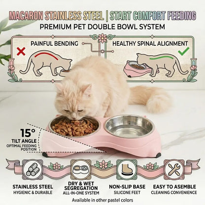 15° Tilted Stainless Steel Double Cat Bowl - Ergonomic Neck-Protecting Pet Feeder with Non-Slip Base and Easy-Clean Macaron Pastel Design for Cervical Relief (34x18x8.5 cm)