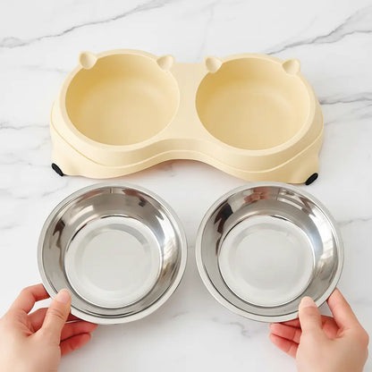 15° Tilted Stainless Steel Double Cat Bowl - Ergonomic Neck-Protecting Pet Feeder with Non-Slip Base and Easy-Clean Macaron Pastel Design for Cervical Relief (34x18x8.5 cm)