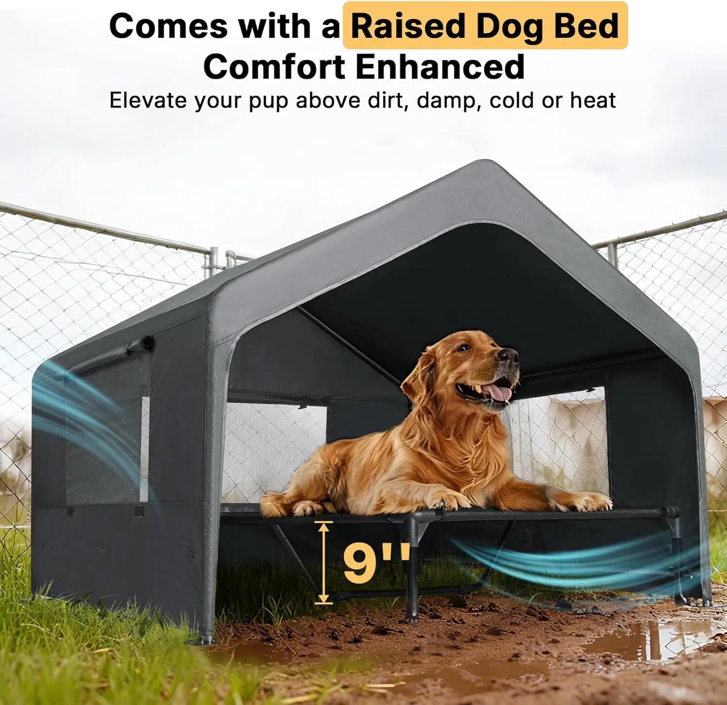 Veehoo Extra Large Dog House Outdoor with Elevated Bed 4.1' X 4.1' X 3.3' Weatherproof Shelter for Pets Grey All-Weather Comfort & Easy Assembly
