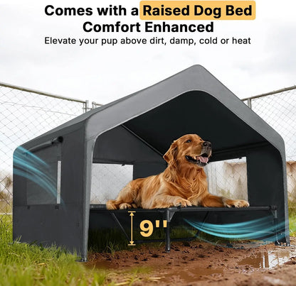 Veehoo Extra Large Dog House Outdoor with Elevated Bed 4.1' X 4.1' X 3.3' Weatherproof Shelter for Pets Grey All-Weather Comfort & Easy Assembly