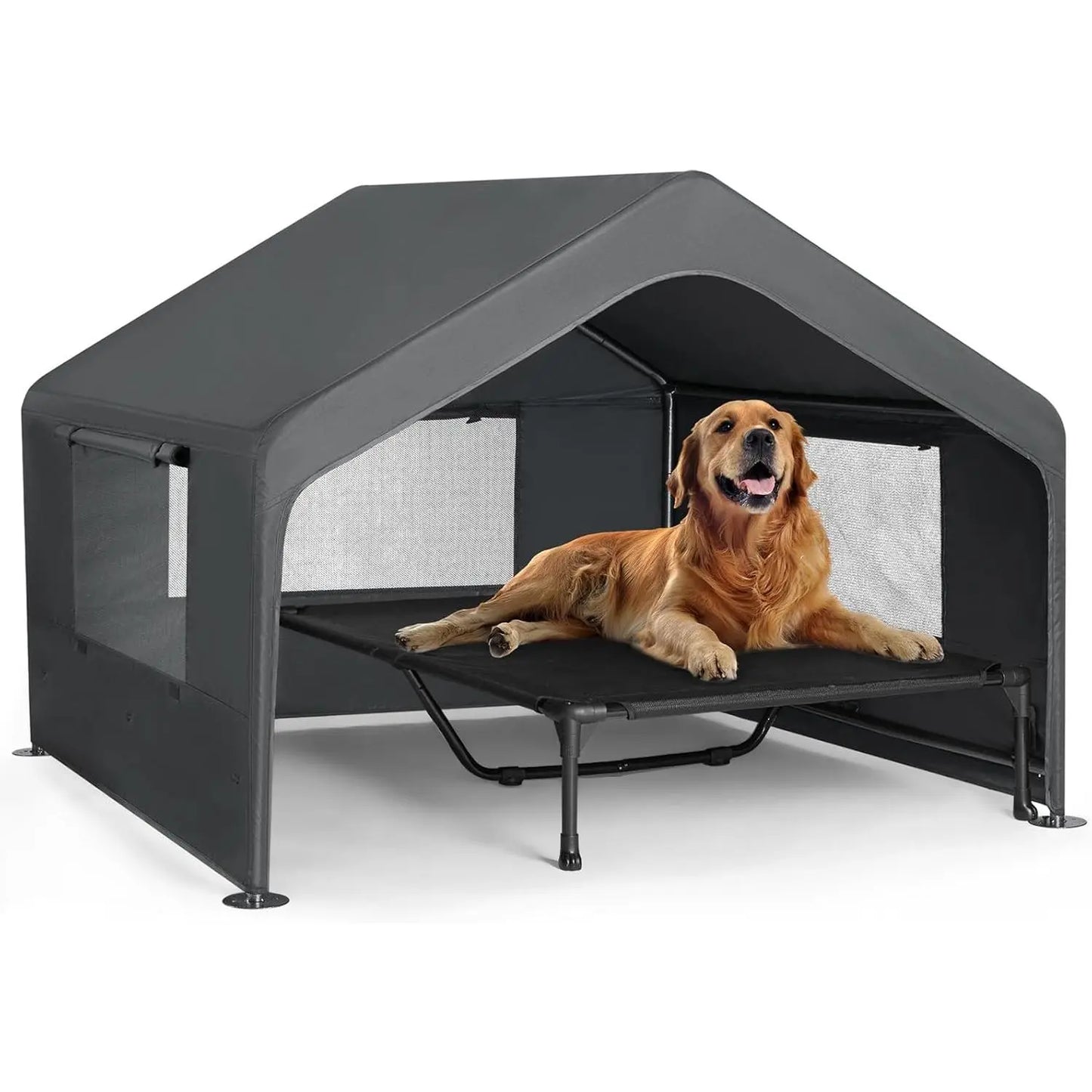Veehoo Extra Large Dog House Outdoor with Elevated Bed 4.1' X 4.1' X 3.3' Weatherproof Shelter for Pets Grey All-Weather Comfort & Easy Assembly