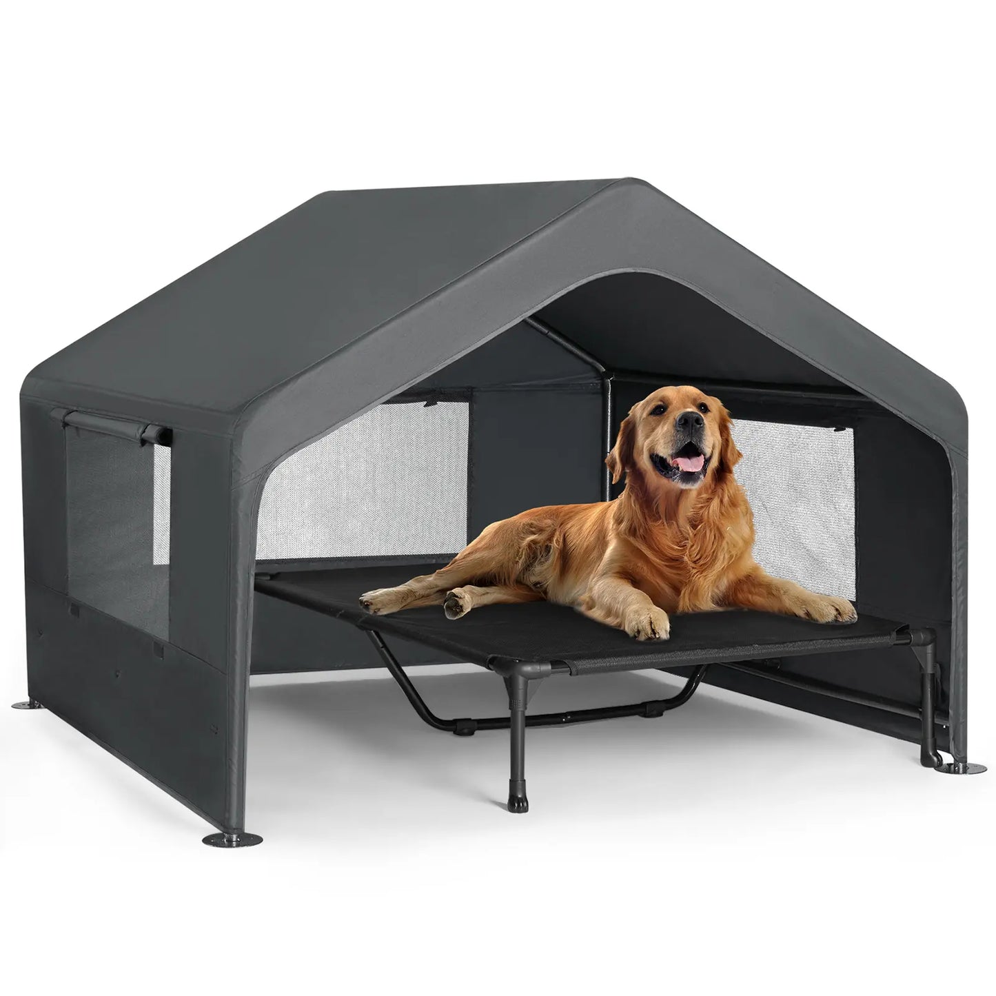 Veehoo Extra Large Dog House Outdoor with Elevated Bed 4.1' X 4.1' X 3.3' Weatherproof Shelter for Pets Grey All-Weather Comfort & Easy Assembly