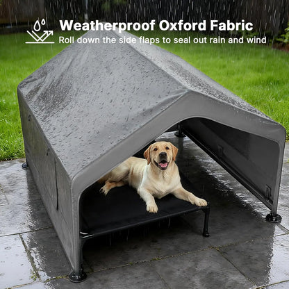 Veehoo Extra Large Dog House Outdoor with Elevated Bed 4.1' X 4.1' X 3.3' Weatherproof Shelter for Pets Grey All-Weather Comfort & Easy Assembly
