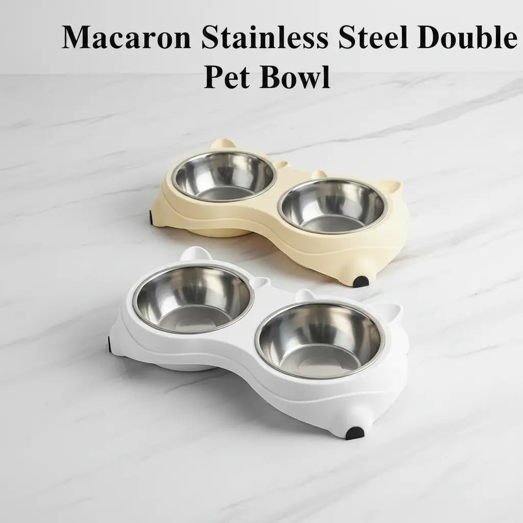 15° Tilted Stainless Steel Double Cat Bowl - Ergonomic Neck-Protecting Pet Feeder with Non-Slip Base and Easy-Clean Macaron Pastel Design for Cervical Relief (34x18x8.5 cm)