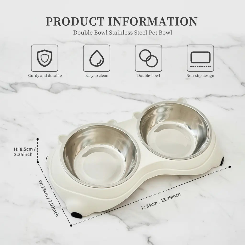15° Tilted Stainless Steel Double Cat Bowl - Ergonomic Neck-Protecting Pet Feeder with Non-Slip Base and Easy-Clean Macaron Pastel Design for Cervical Relief (34x18x8.5 cm)