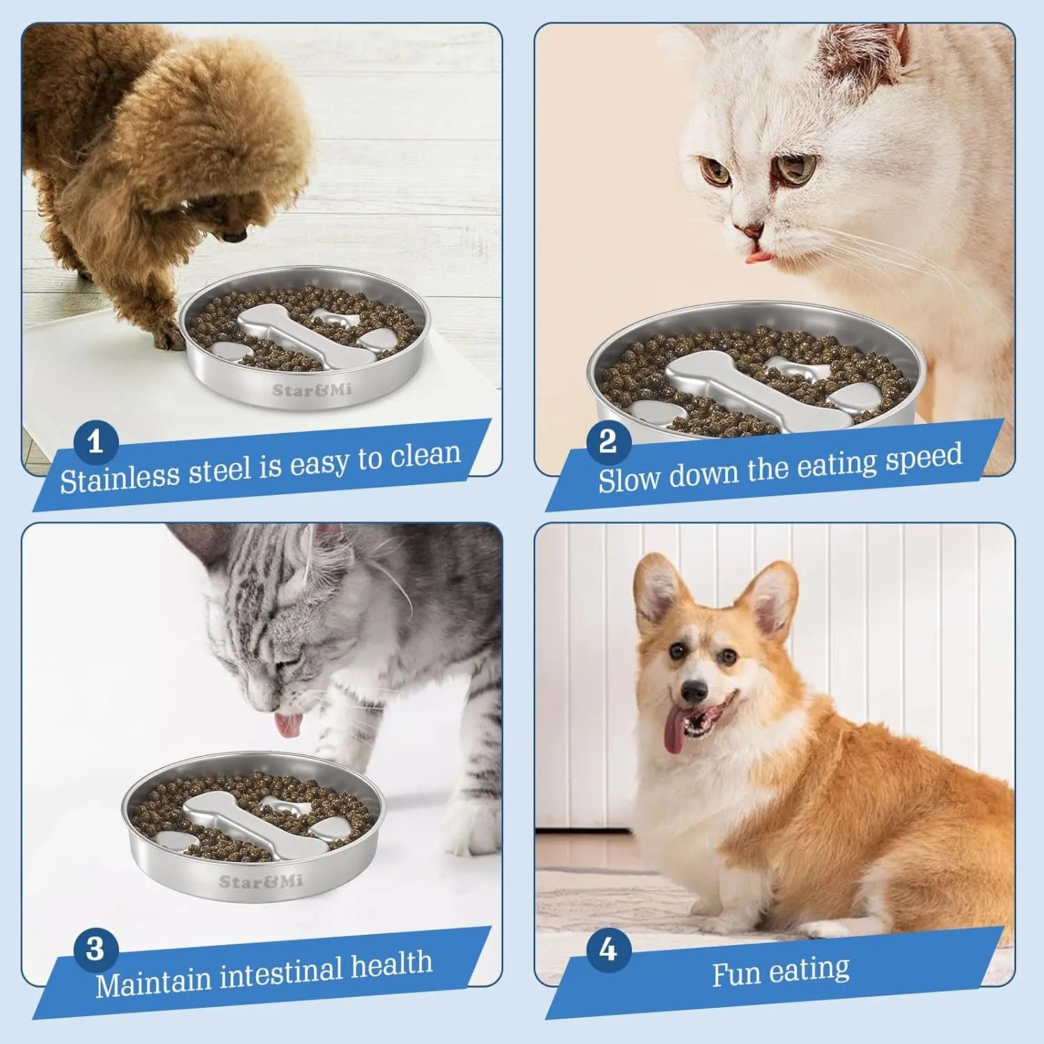 Starumi Stainless Steel Slow Feeder Bowl - Non-Slip Metal Puzzle Feeder, 2-Cup Capacity Durable Bowl for Medium, Large Breed Dogs